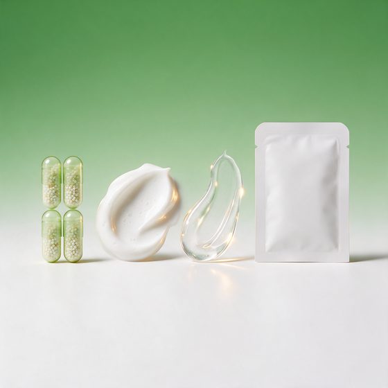 Cápsula, creme, gel e sachê dispostos sobre superfície clara